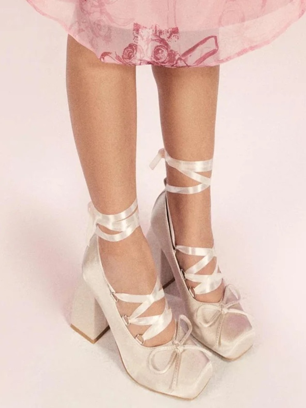 Ivory Satin Ballet Lace-Up Block Heels